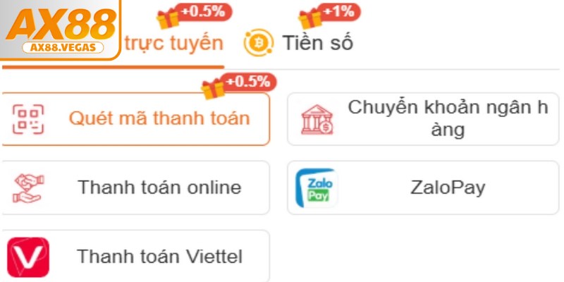Hệ thống nạp tiền AX88 đa dạng, phù hợp mọi người chơi
